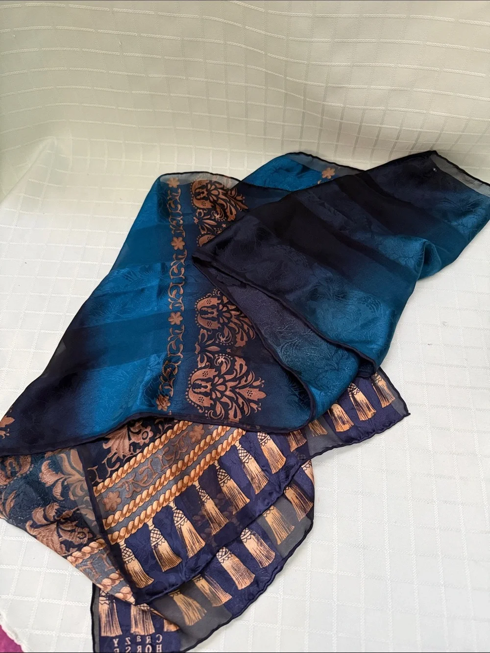 Elegant vintage Blue/Black and Gold Floral Sheer Silk Scarf